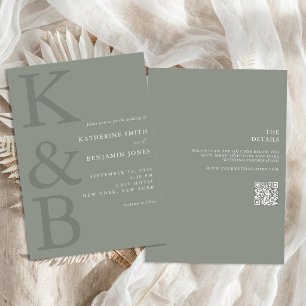 Invitación Boda moderna en verde salvia con monograma todo en