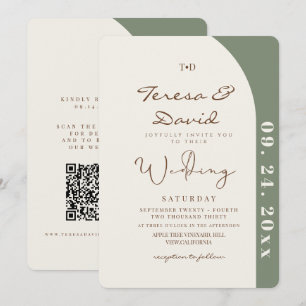 Invitación Boda moderna en verde salvia y crema todo en uno