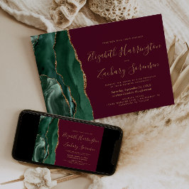Invitación Boda moderna esmeralda verde oro ágata burdeos