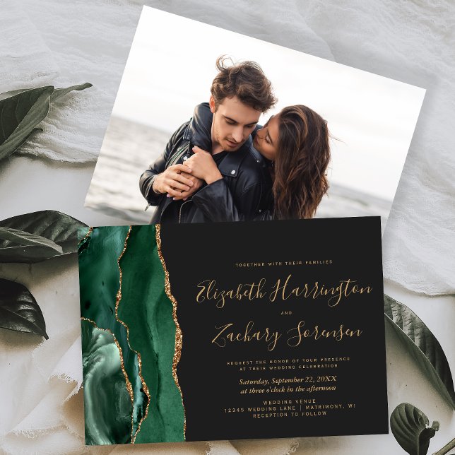 Invitación Boda Moderna Esmeralda Verde Oro Ágata Oscura (Subido por el creador)