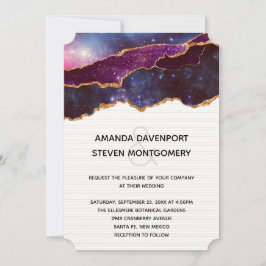 Invitación Boda moderna espacial azul y púrpura y estrellas