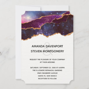 Invitación Boda moderna espacial azul y púrpura y estrellas