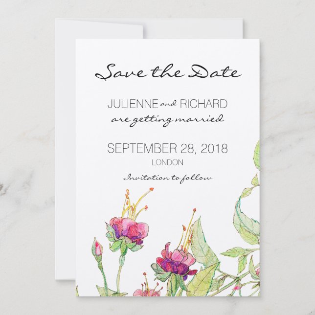 Invitación Boda moderna floral bohemio, guárdala la fecha (Anverso)
