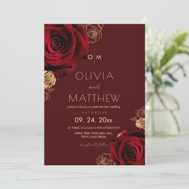 Invitación Boda Moderna Floral Borgoña Rojo y Dorado (Anverso de pie)