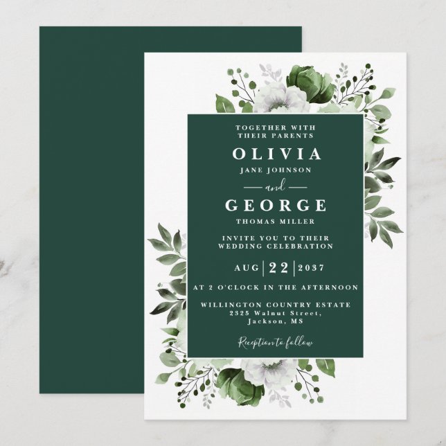 Invitación Boda moderna floral botánica verde esmeralda (Anverso / Reverso)