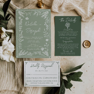 Invitación Boda moderna floral botánico verde salvia boho