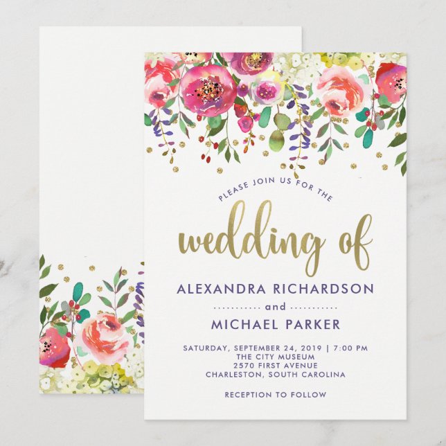 Invitación Boda moderna floral de la acuarela del oro el | (Anverso / Reverso)