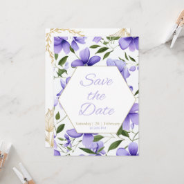 Invitación Boda moderna floral de lavanda y geométrica dorada
