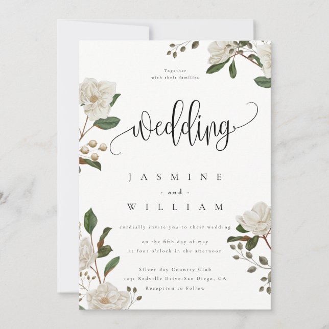 Invitación Boda moderna floral de magnolia (Anverso)