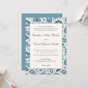 Invitación Boda moderna floral de paisley azul y verde