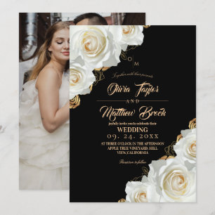 Invitación Boda moderna floral de rosa marfil negro y dorado