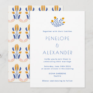 Invitación Boda Moderna Floral Folk Amarillo Azul Marigold