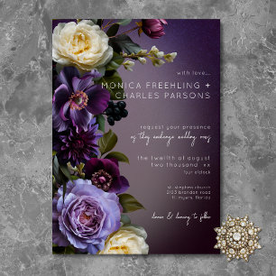 Invitación Boda moderna floral lavanda púrpura oscura y malhu