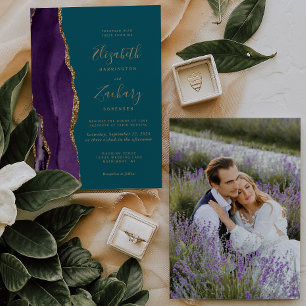 Invitación Boda Moderna Foto Púrpura Ágata Dorada Verde Teal