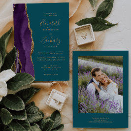 Invitación Boda Moderna Foto Púrpura Ágata Dorada Verde Teal