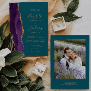 Invitación Boda Moderna Foto Púrpura Ágata Dorada Verde Teal