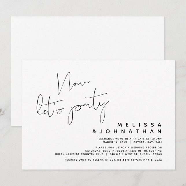 Invitación Boda moderna fuga, ahora vamos a festejar (Anverso / Reverso)