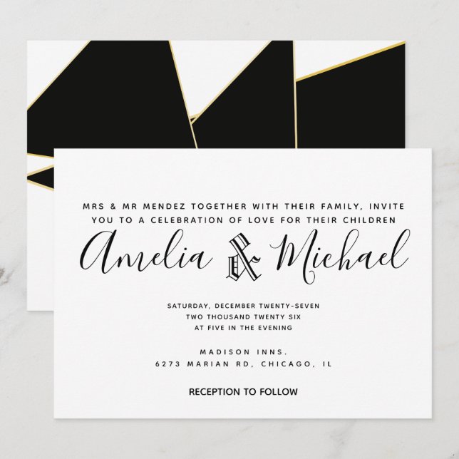 Invitación Boda Moderna Geométrica en Oro Negro y Blanco (Anverso / Reverso)