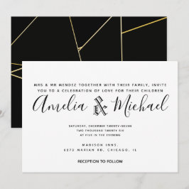 Invitación Boda Moderna Geométrica en Oro Negro y Blanco