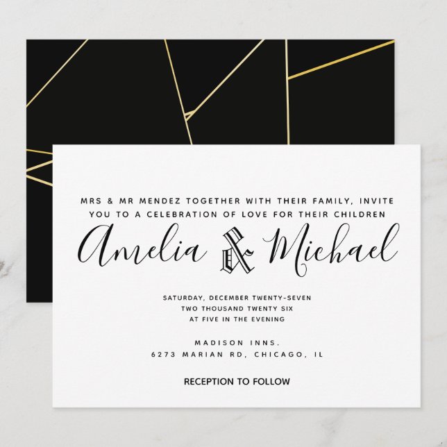 Invitación Boda Moderna Geométrica en Oro Negro y Blanco (Anverso / Reverso)