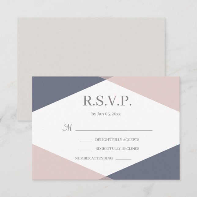 Invitación Boda moderna geométrica en rosa y azul marino RSVP (Anverso / Reverso)