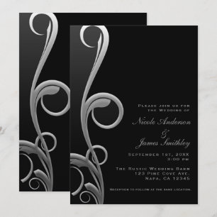 Invitación Boda Moderna Glam Negra y Plateada con Remolino El