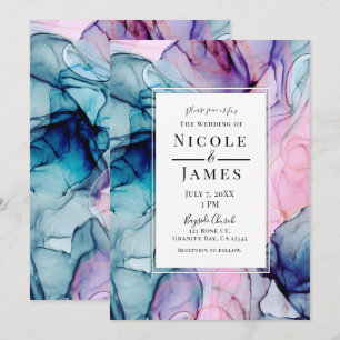 Invitación Boda moderna glamorosa con tonos celestes, rosa y 