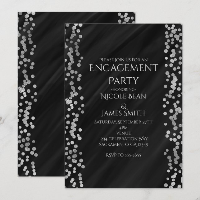 Invitación Boda moderna glamuroso de compromiso en negro y fa (Anverso / Reverso)