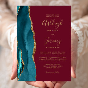 Invitación Boda moderna granate ágata dorada azul verdoso