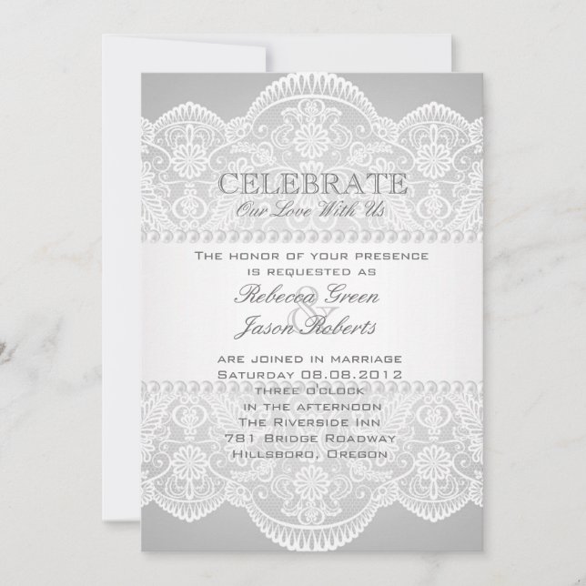 Invitación boda moderna gris perla encaje blanco vintage (Anverso)