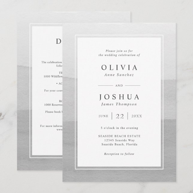 Invitación Boda Moderna Gris Todo En Uno (Anverso / Reverso)