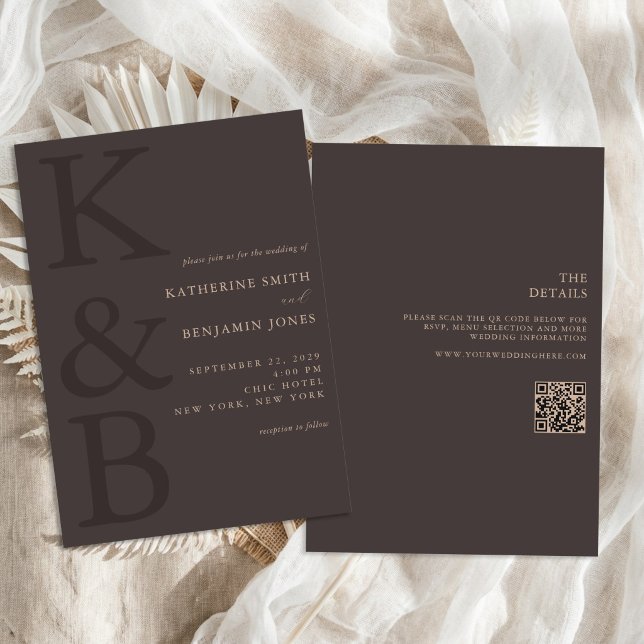 Invitación Boda Moderna Marrón Monograma Todo en Uno (Subido por el creador)
