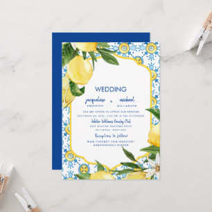 Invitación Boda Moderna Mediterránea Azul Cobalto y Limones