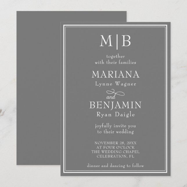 Invitación Boda moderna minimalista boho gris (Anverso / Reverso)