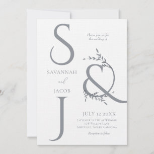 Invitación Boda moderna minimalista con monograma blanco y pl