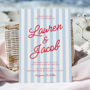 Invitación Boda Moderna Minimalista Costera con Rayas Rojas y