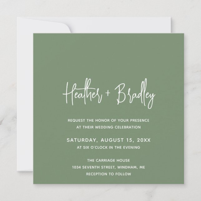 Invitación Boda moderna minimalista en verde salvia (Anverso)