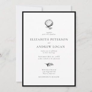 Invitación Boda moderna minimalista negro blanco conchas mari