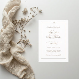 Invitación Boda moderna Monograma Blanco Rosa Dorado Ampersan