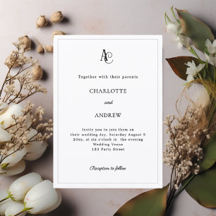 Invitación Boda moderna monograma simple blanco negro