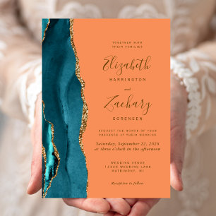 Invitación Boda Moderna Naranja Ágata Teal Dorado