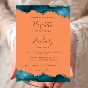 Invitación Boda Moderna Naranja Ágata Teal Dorado