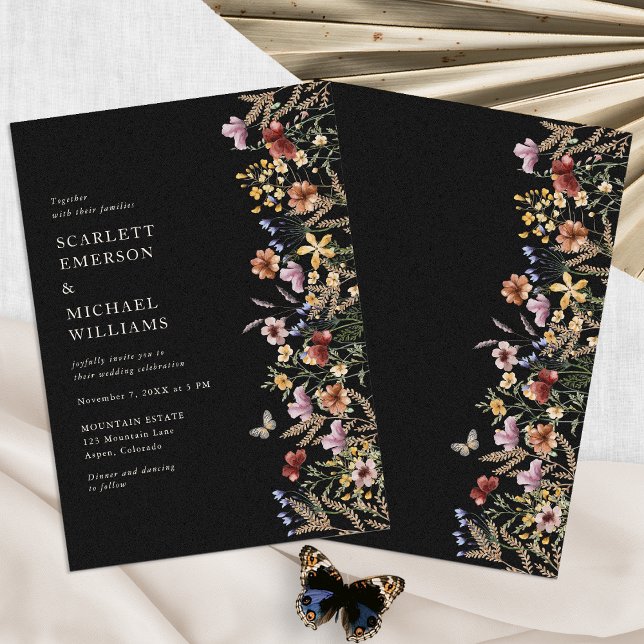 Invitación Boda Moderna Negra Boho (Modern Black Boho Wedding Invitation with Butterfly by Painted Paperie
)
