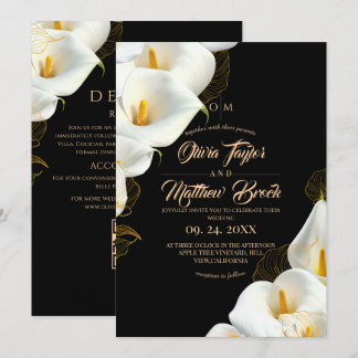 Invitación Boda moderna negra elegante floral todo en uno
