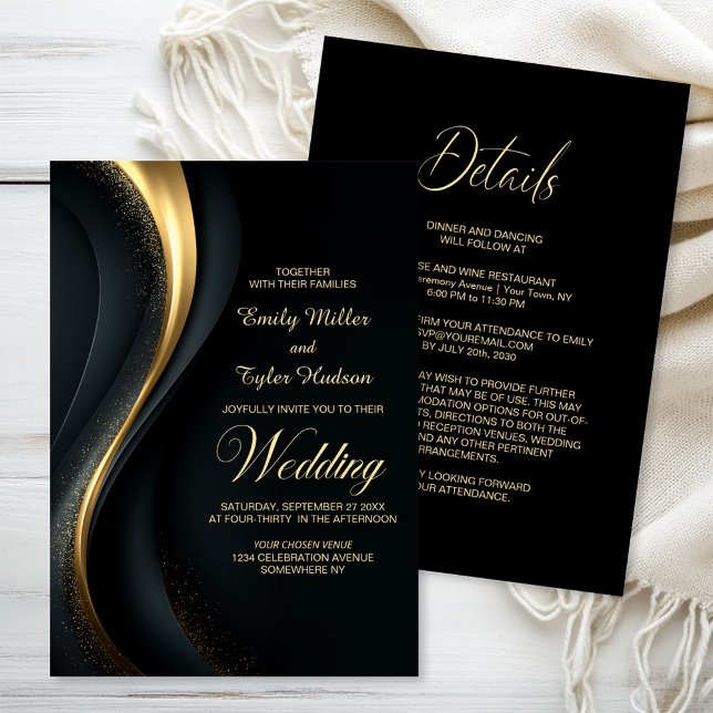 Invitación Boda moderna negra y dorada todo en uno (Subido por el creador)
