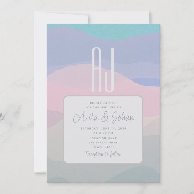 Invitación Boda moderna pastel rosa y azul polvoriento (Anverso)