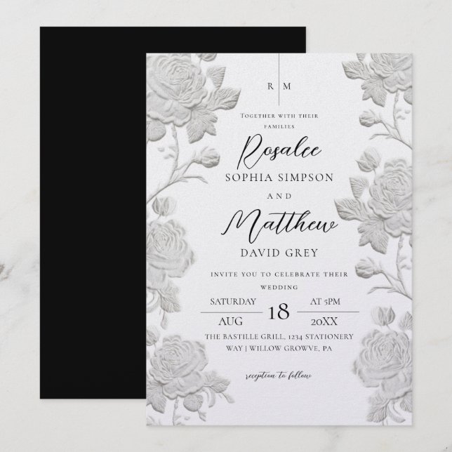 Invitación Boda moderna personalizada rosa blanca y negra (Anverso / Reverso)