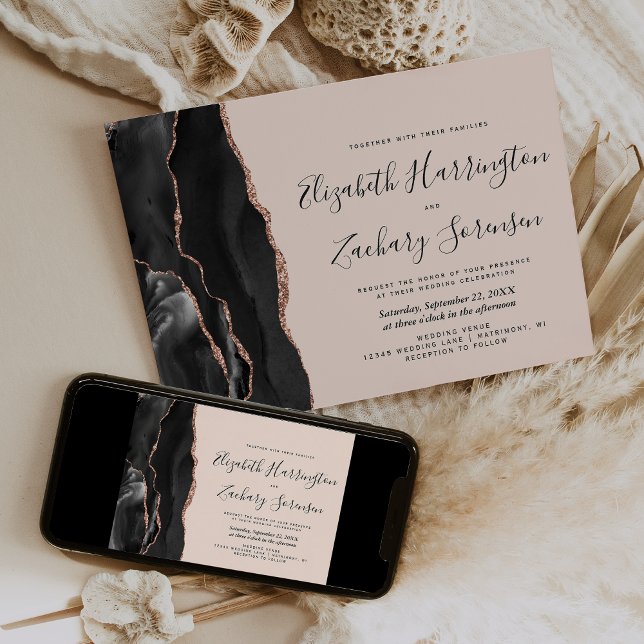 Invitación Boda Moderna Rosa Negra Oro Agata Rubor (Subido por el creador)