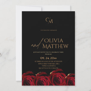 Invitación Boda Moderna Rosa Negra Roja y Dorada