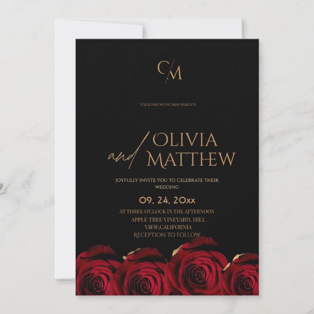 Invitación Boda Moderna Rosa Negra Roja y Dorada (Anverso)